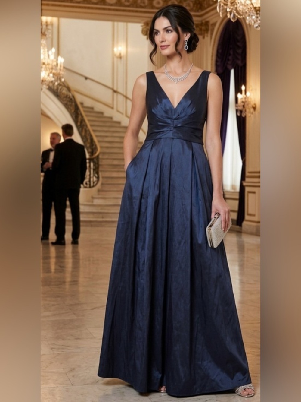 Alex Evenings Navy Blue V-Neck Pleated A-Line Maxi Evening Gown Size 8 NWT